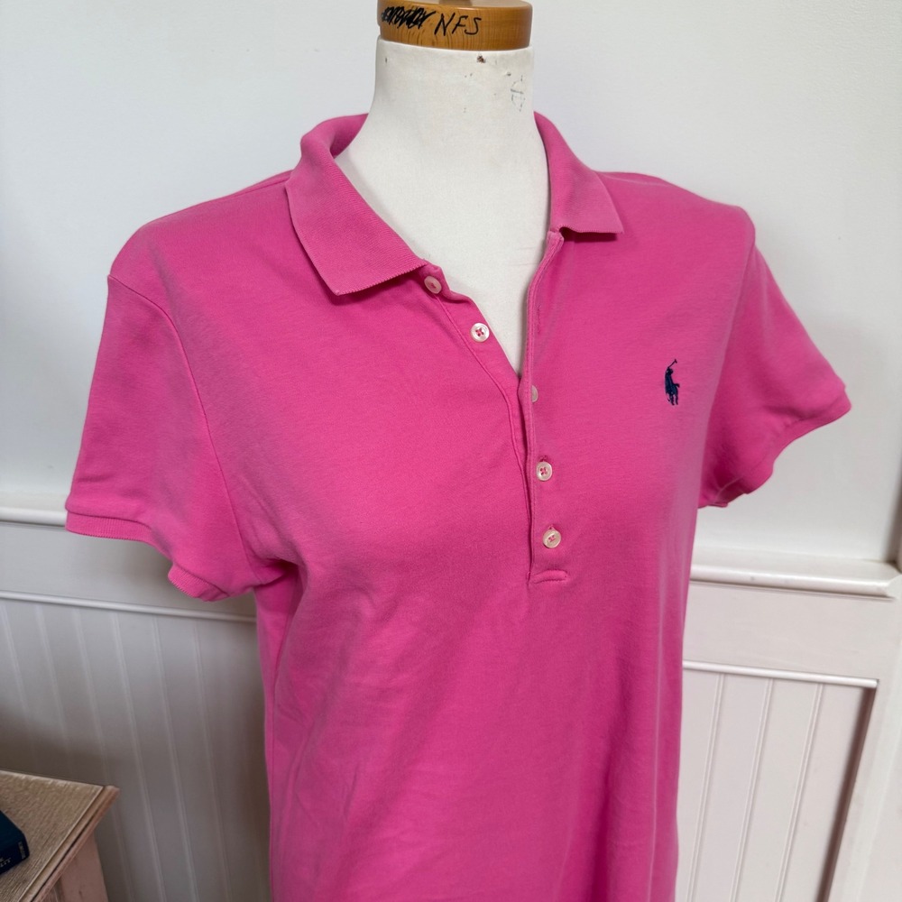 Ralph Lauren Pink Cotton Pique Polo Shirt Dress XL Navy Blue Pony Logo Short Slv - Picture 2 of 6